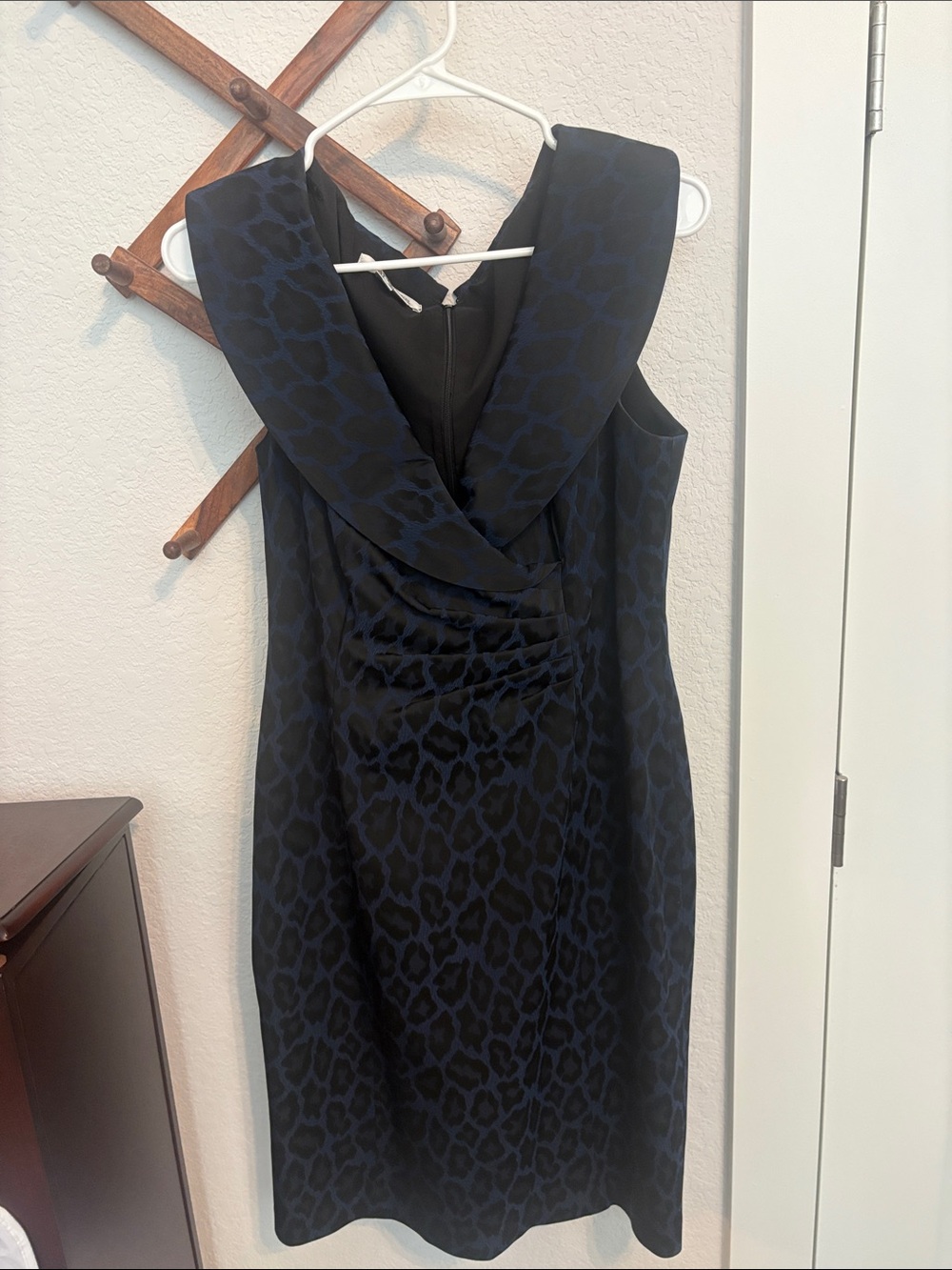 Kay Unger Black and Dark Blue Animal-Print Midi Sheath Dress